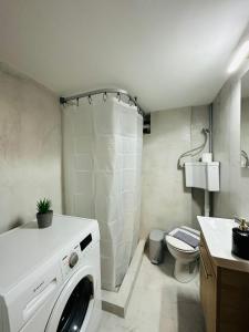 a washing machine in a bathroom with a toilet at Cozy Studio in Central Glyfada in Athens