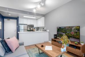 a living room with a couch and a tv at Telegraph Hill Studio wSpa nr Coit Tower SFO-38 in San Francisco