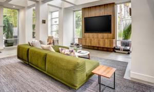 ein Wohnzimmer mit einem grünen Sofa und einem Flachbildfernseher in der Unterkunft Santa Clara 1BR w Parking Gym nr Groceries SFO-437 in Santa Clara