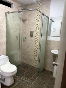 La salle de bains est pourvue d'une douche, de toilettes et d'un lavabo. dans l'établissement APARTA HOTEL Y TERRAZA SAMANES, à Florida