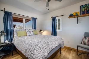 1 dormitorio con 1 cama con cortinas azules y ventana en Starfire Relaxation Retreat, en Joshua Tree