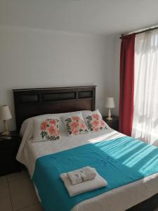een slaapkamer met een groot bed met 2 kussens bij Nuevo Amanecer in Santiago