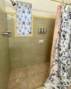 bagno con doccia con tenda blu e bianca di Hallandale Beach Motel a Hallandale Beach