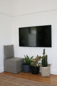 a living room with a chair and potted plants at Downtown Byron Bay Guesthouse in Byron Bay