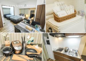 a collage of photos of a kitchen and a living room at Ocean Shinsaibashi in Osaka
