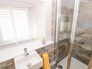 a bathroom with a shower and a sink at Star Cottage in Saundersfoot