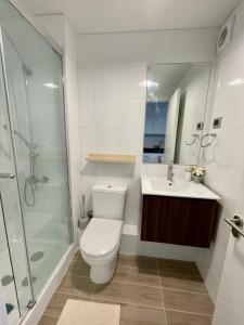 a bathroom with a toilet and a sink and a shower at Nuevo y Cómodo depto tipo Estudio in Valdivia