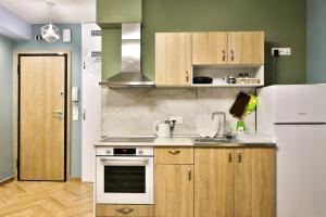 eine Küche mit Holzschränken und einem weißen Kühlschrank in der Unterkunft Apollo 4 - Luxury Apartment (City Center Studio) in Kateríni