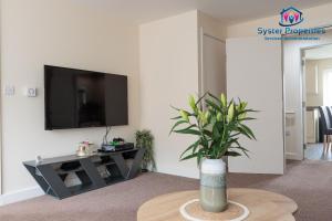 - un salon avec une télévision et une table avec une plante dans l'établissement Syster Properties Serviced Accommodation Leicester 5 Bedroom House Glen View, à Leicester
