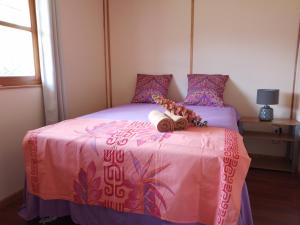 a bedroom with a bed with a pink bedspread at Résidence Tamaumia - Bungalow in Hakamui