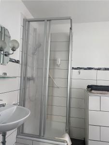 uma casa de banho com um chuveiro e um lavatório. em Altstadt-Hotel Gosequell em Goslar