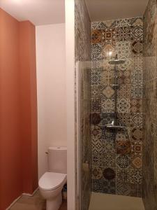 ein Bad mit einem WC und einer ebenerdigen Dusche in der Unterkunft Appartement 1er étage in Largentière