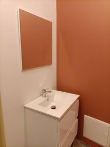 ein Badezimmer mit einem weißen Waschbecken und einem Spiegel in der Unterkunft Appartement 1er étage in Largentière