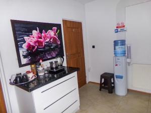 a kitchen with a counter with pink flowers on it at Motel Anna Serafin in Radom