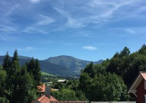 Blick auf ein Tal mit Bäumen und Bergen in der Unterkunft 5 Sterne Chalet Bergsuite in Oberstaufen