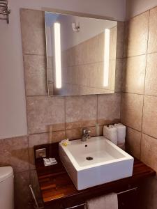W łazience znajduje się biała umywalka i lustro. w obiekcie Le Passiflore w mieście Koumac
