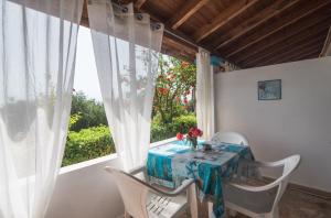 a table and chairs in a room with a window at Andromaches sea view studio 3 in Achílleion