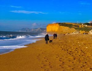 persone che camminano su una spiaggia con un cane di Little Glebe a Sherborne