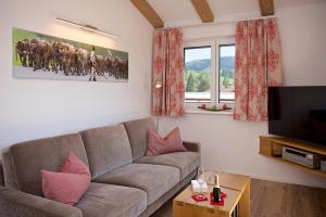 sala de estar con sofá y TV en 5 Sterne Ferienwohnung Hochgratblick mit Schwimmbad und Sauna en Oberstaufen