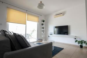 a living room with a couch and a tv at Glabur Stays - The Master Atelier - Nicosia City, Free Parking & Wifi, Welcomes You!!! in Nicosia