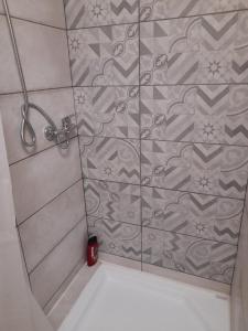 チュウフフにあるNoclegi u Liliのタイル張りの壁のバスルーム(シャワー付)