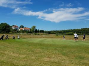 un grupo de personas jugando al golf en un campo verde en Tofta Herrgård en Lycke