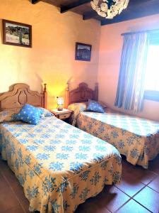 a bedroom with two beds and a chandelier at Finca Llano de la cebolla in Icod de los Vinos