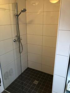 uma casa de banho com um chuveiro e uma porta de vidro em Wattvogel em Greetsiel