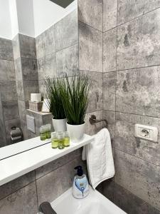 W łazience znajduje się biała umywalka i prysznic. w obiekcie Cozy Deluxe Apartments in Centre of Historical Suceava w Suczawie