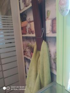 a closet with green towels hanging on a rack at Aéroport chambre ,au calme in Bouguenais
