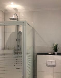 La salle de bains est pourvue d'une douche et d'un lavabo. dans l'établissement Haus Seebad Whg 11, à Grömitz