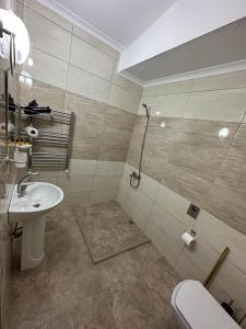 MEŞEİÇİ BUTiK HOTEL في ماتشكا: حمام مع حوض ومرحاض ودش