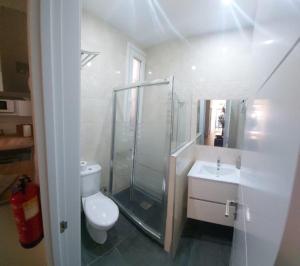 een badkamer met een douche, een toilet en een wastafel bij Apartamento Roco in Madrid