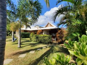 a house with palm trees in front of it at LES PECHEURS DU LAGON in Saint-Leu