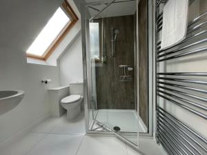 a bathroom with a shower and a toilet at Balloan Steading East in Dornoch