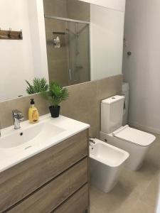 La salle de bains est pourvue d'un lavabo, de toilettes et d'un miroir. dans l'établissement Casa Palmera, à Costa de Antigua