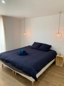 a bed with a blue pillow on top of it at APPARTEMENT OR in Manosque