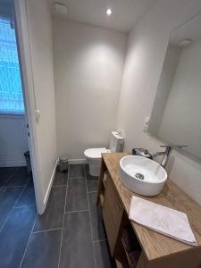 La salle de bains est pourvue d'un lavabo et de toilettes. dans l'établissement Appartement T2 lumineux et cosy au calme proche du centre avec TV Netflix et Wifi, à La Rochelle