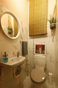 y baño con aseo, lavabo y espejo. en Vibrant Flat with Excellent Location in Beyoglu, en Estambul