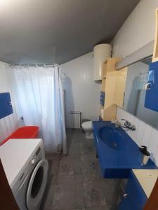 MM CITY APARTMENTS في إسكوبية: حمام مع حوض أزرق ومرحاض