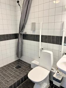 y baño con aseo y lavamanos. en Vandrarhem Nattmössan, en Kungsbacka