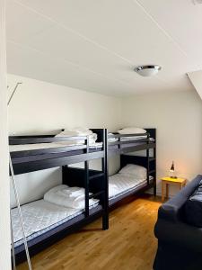 two bunk beds in a room with a couch at Vandrarhem Nattmössan in Kungsbacka