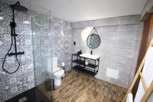 La salle de bains est pourvue de toilettes, d'un lavabo et d'une douche. dans l'établissement Casa Coriska, à Algoz