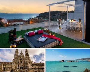 2 immagini di un balcone con un letto e un tavolo di Luxury Singular Villa Canelas a Sanxenxo