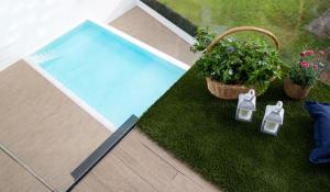 an overhead view of a swimming pool with potted plants at Luxury Singular Villa Canelas in Sanxenxo