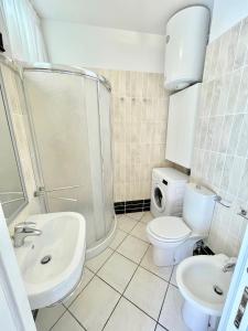 a bathroom with a sink and a toilet and a shower at Premium Apartment Mono C4 in Marina di Bibbona