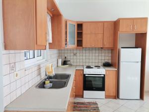 eine Küche mit Holzschränken und einem weißen Kühlschrank in der Unterkunft Διαμέρισμα Παραλία Μενιδίου in Menídion