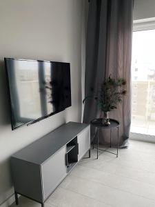 a living room with a flat screen tv on a wall at IgoAparts Wroblewskiego in Łódź