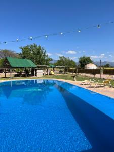 a large blue swimming pool with a gazebo at Glamping Salta in Coronel Moldes