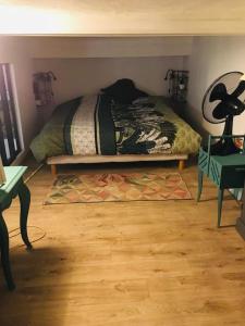 - une chambre avec un lit et du parquet dans l'établissement LOFT D ARTISTES AVEC PATIO AU PORT DE NICE, à Nice